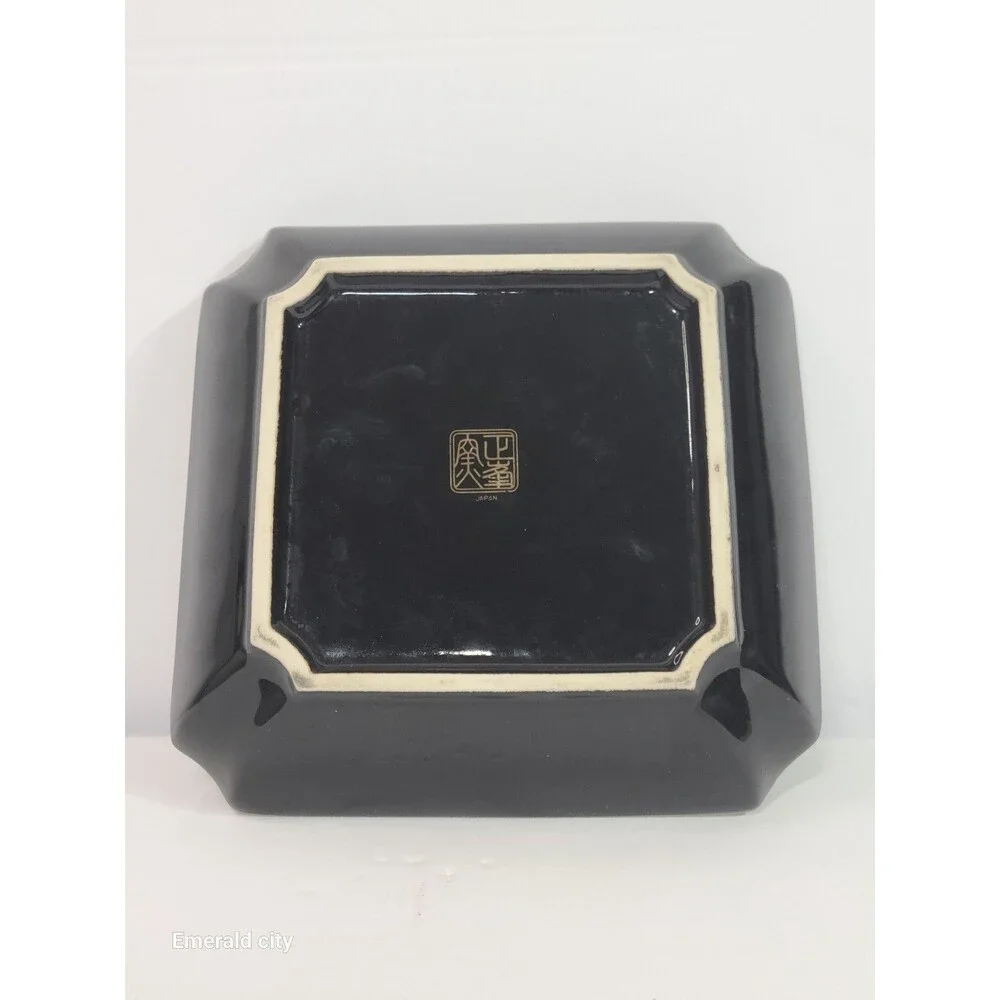 Vtg OMC Japan Peacock Square Porcelain Oriental Tray Candy Dish Black 24kt Inlay